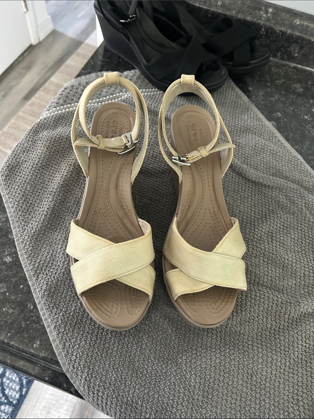 CROCS Tan Canvas Ankle-Strap Wedge Sandals